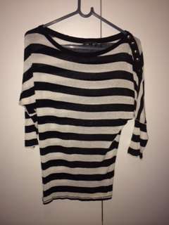 Sissy Boy 3/4 sleeve white and black sheer jersey with silver button detail, size small