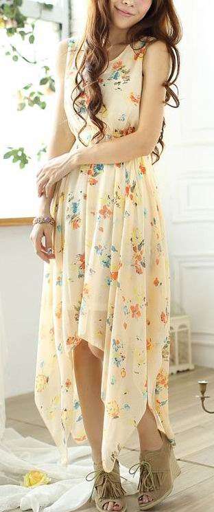 *Fashion Tokyo* Elegant Chiffon Flower Pattern Irregular Long Dress