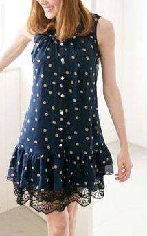 *Fashion Tokyo* Chiffon Dot Sleeveless Shirt with Mini Skirt-Dark Blue