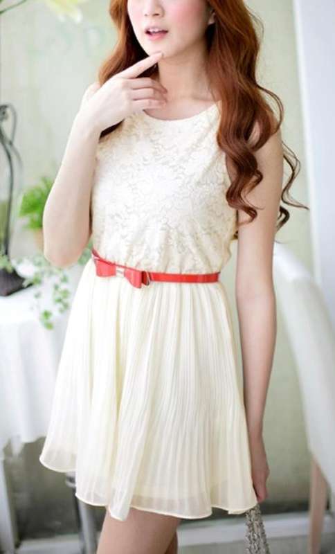  *Fashion Tokyo* Elegant Flora Net Pleated Chiffon Dress-Almond