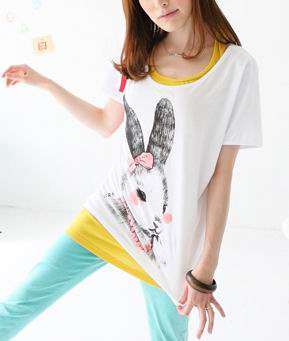*Fashion Tokyo* Rabbit Pattern Irregular length T-shirt-White