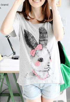 *Fashion Tokyo* Rabbit Pattern Irregular length T-shirt-Grey