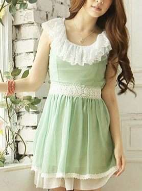 << Seasonal Sale~01/22-02/15 >>*Fashion Tokyo* Flora Lace Collar and Belt Chiffon Dress-Pastel Green