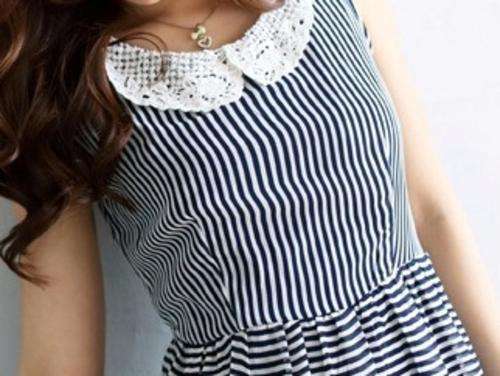 *Fashion Tokyo* Flora Collar Stripe Chiffon Dress-Dark Blue