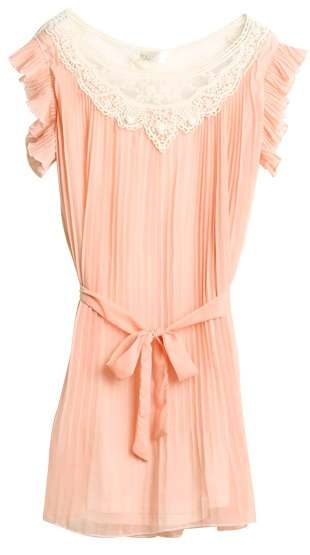 *Fashion Tokyo* Knitting Collar Chiffon Pleated Dress-Pastel Pink