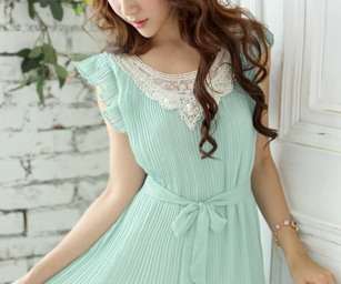 *Fashion Tokyo* Knitting Collar Chiffon Pleated Dress-Pastel Green