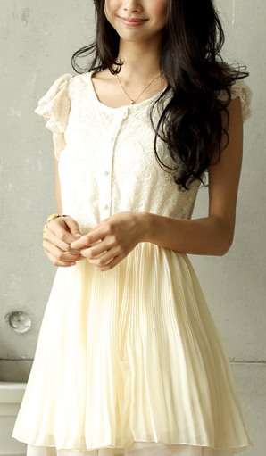 *Fashion Tokyo* Lace Top Pleated Chiffon Dress-Almond