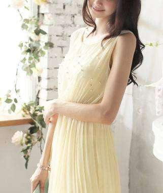*Fashion Tokyo* Fashion High-low Chiffon Pearl Dress-Almond