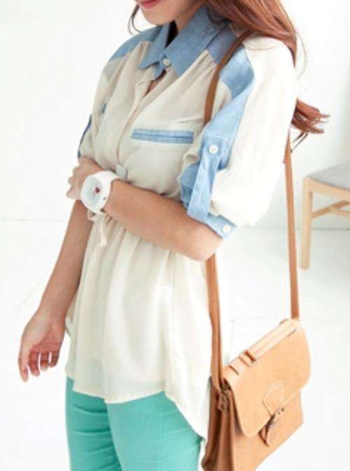 *Fashion Tokyo* High-low Double Colour Chiffon Shirt-Almond