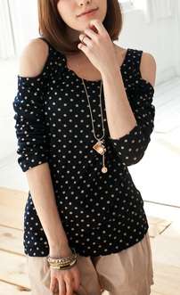 *Fashion Tokyo* Cut-out Shoulder Polka Dots Top-Navy Blue