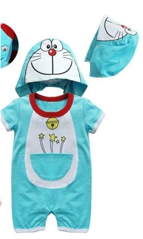 Cute Doraemon character short sleeved romper with hat