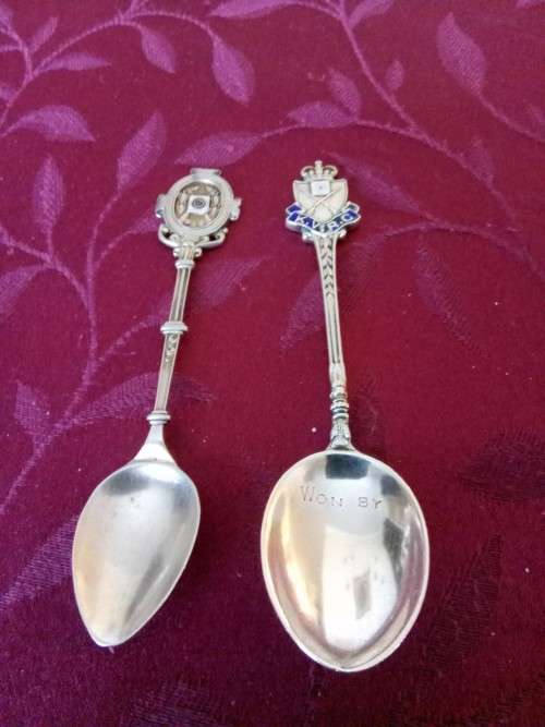 2 X SOLID SILVER SHOOTING TROPHY SPOONS - BIRMINGHAM 1904 & 1907