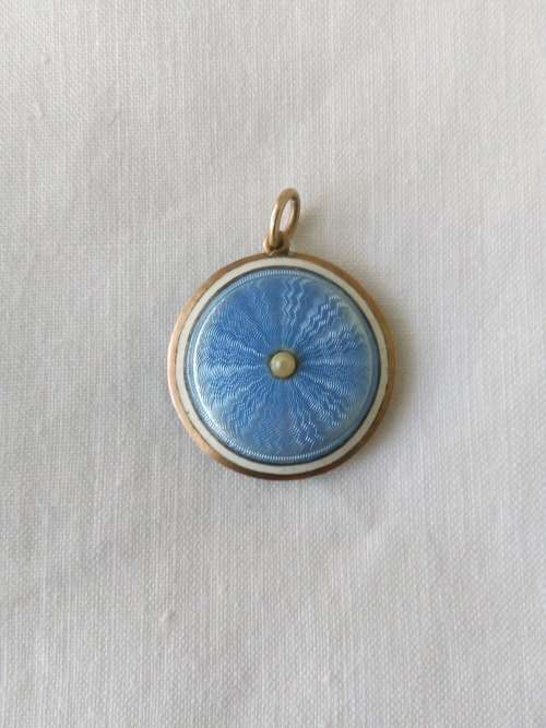 ANTIQUE EDWARDIAN BLUE GUILLOCHE ENAMEL PENDANT WITH GOLD TRIM - FOR PHOTO