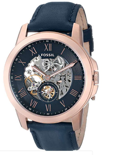 Fossil Men's ME3054 Grant Three-Hand Automatic Leather Watch - Navy Blue