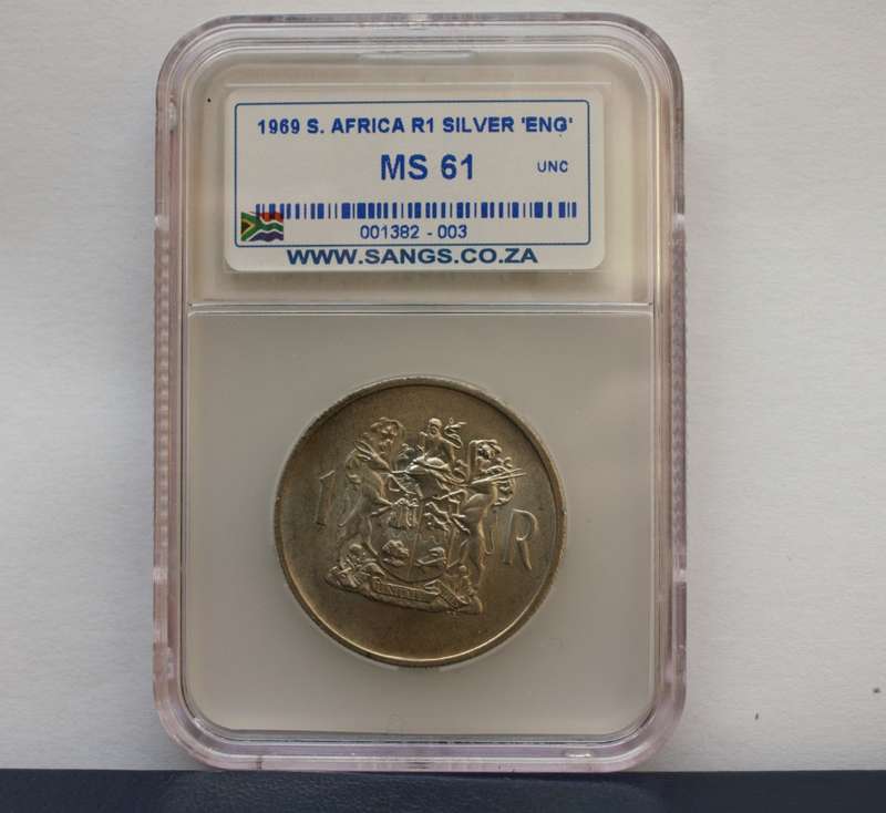 1969 South Africa Silver 1 Rand. English. MS61 Uncirculated. Sangs Graded.