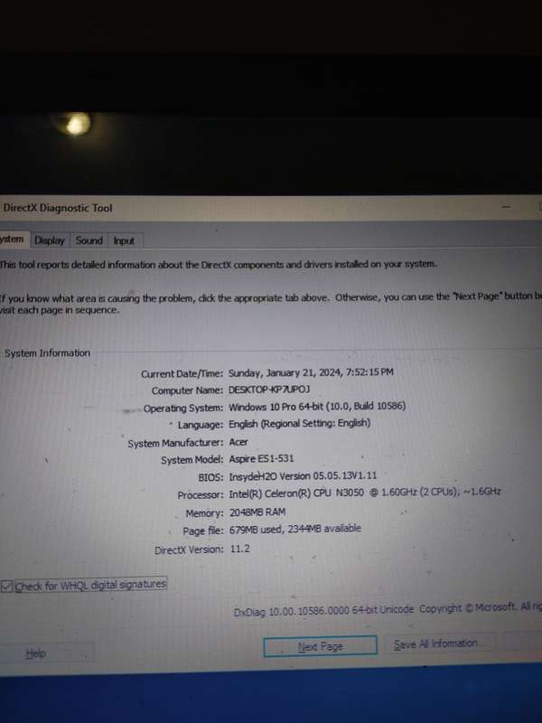 Acer ES1-531 Series Celeron CPU 1.6ghz, 2GB Ram, 500gb HHD Working condition