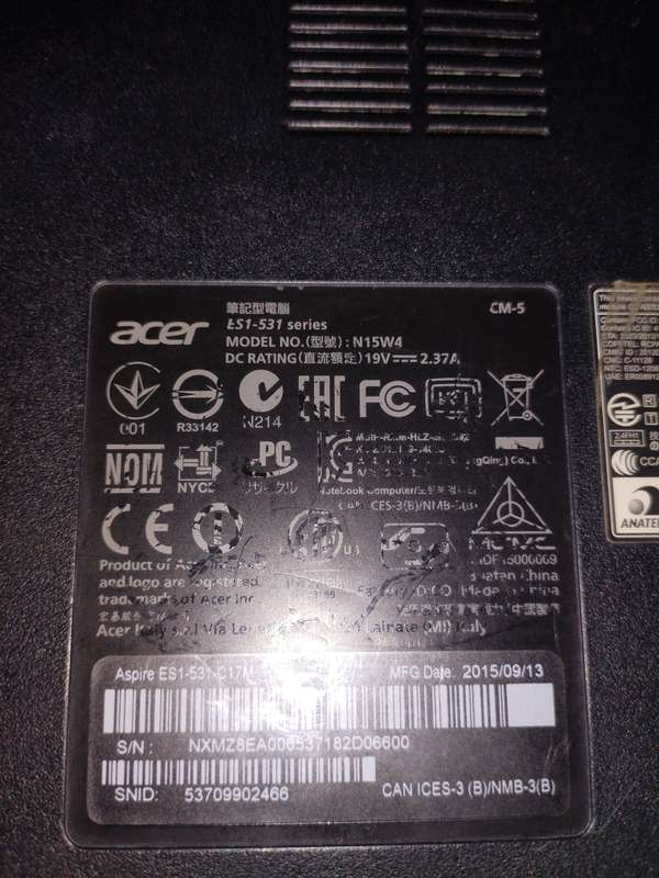 Acer ES1-531 Series Celeron CPU 1.6ghz, 2GB Ram, 500gb HHD Working condition