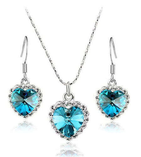 Heart Shape Pendant Ocean Sea Blue Rhinestone Crystal Necklace and Matching Earrings