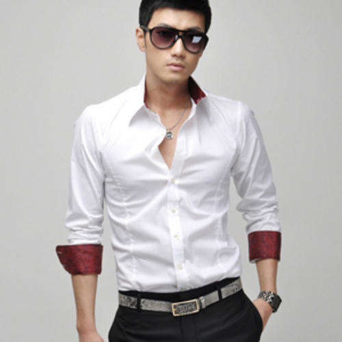 New Men Slim Fit Silk Sleeve&Collar Stylish Shirts white US Size M