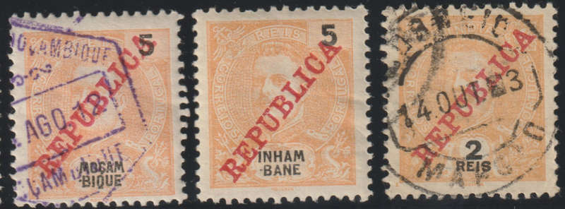 1911 Various Portuguese colonies, selection, King Carlos orange ovpd. REPUBLICA