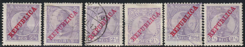 1910-1912 Various Portuguese Colonies, King Manoel II, violet ovpd. REPUBLICA