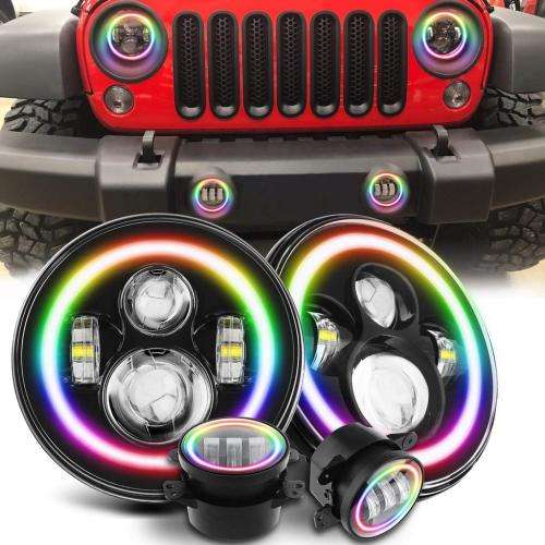 New 7-inch Wireless Control LED HeadLight Fog Light Set RGB Halo Angel Eye 60W