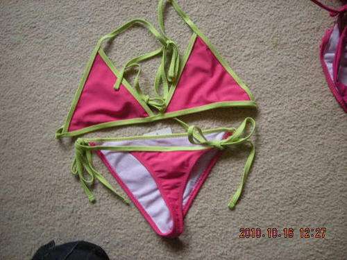 ladies bikini  size  34---36 - cerise color with contrast green ties