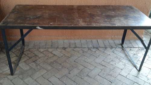 INCREDIBLE VINTAGE FOLD UP TABLE. MADE FROM HARDBOARD, ANGLE IRON & FLAT BAR. REALLY FANTASTIC!