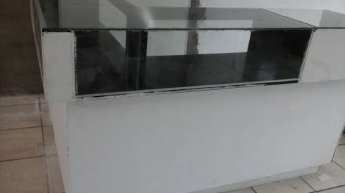 RIGID WONDERFUL GLASS AND WOOD L SHAPED SERVING COUNTER AND DISPLAY CABINET