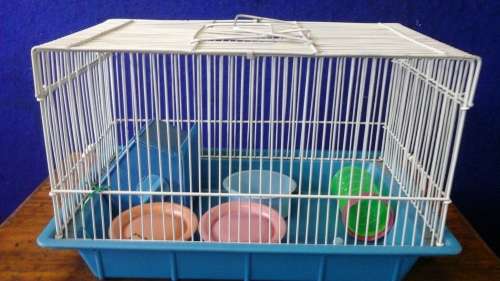 A HAMSTER CAGE WITH A FEW ACCESSORIES