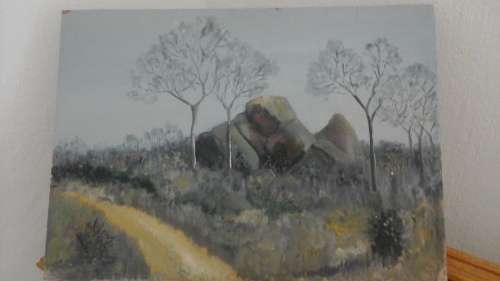A TRULY MAGNIFICENT UNFRAMED UNSIGNED POSSIBLY ACRYLLIC PAINTING OF A DIRT ROAD THROUGH A KOPPIE