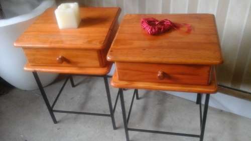 TWO GORGEOUS PINE AND STEEL BED SIDE TABLES. STUNNING AND PRACTICAL SET!
