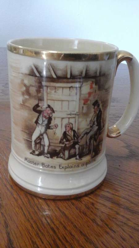 A VINTAGE QUALITY ARTHUR WOOD MADE IN ENGLAND BEER MUG. DEPICTS ARTHUR ASKING FOR MORE