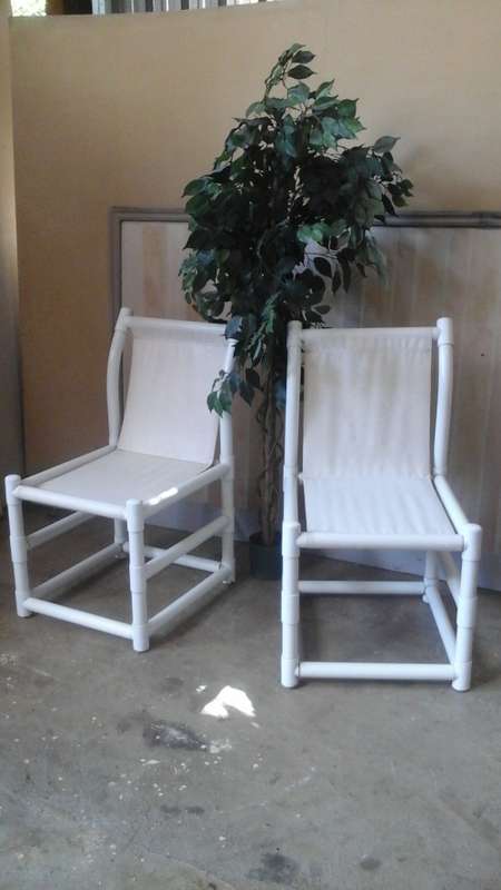 2 PRACTICAL AND DIFFERENT  TUBULAR PLASTIC OUTDOOR CHAIRS. THE FRAME OF THE CHAIR IS TUBES