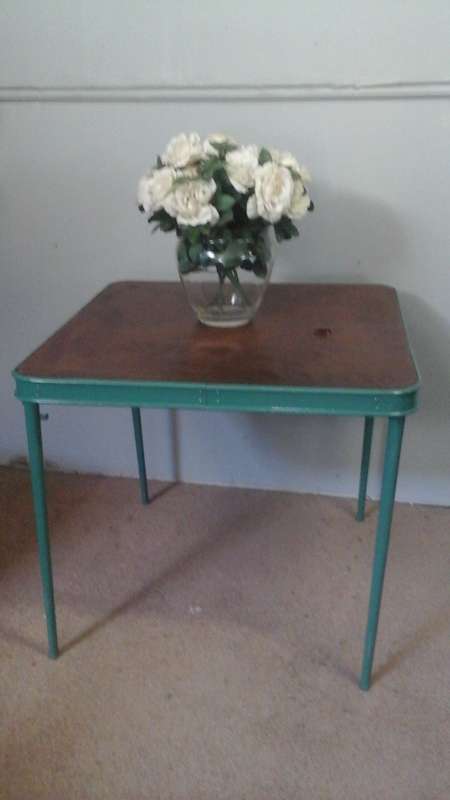 MAGNIFICENT VINTAGE STEEL AND WOOD CARD TABLE. REALLY FANTASTIC PIECE!