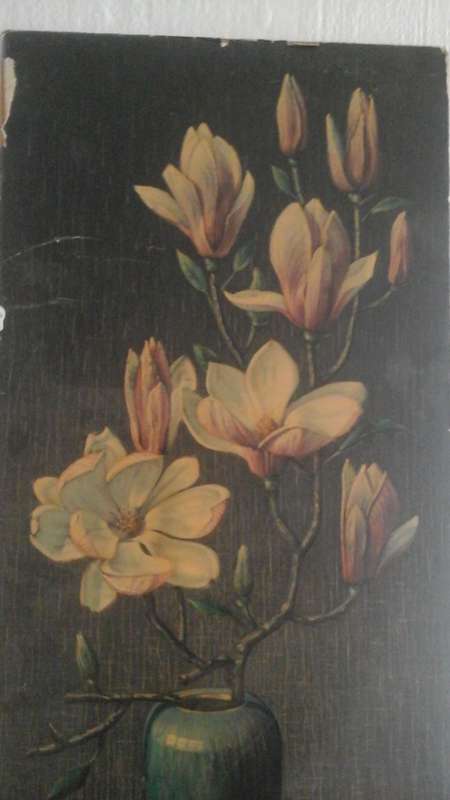 ABSOLUTELY TERRIFIC VINTAGE PRINT ON BOARD OF A VASE OF FLOWERS.  MAGNIFICENT PIECE!