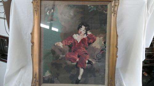 ORNATELY FRAMED VINTAGE TAPESTRY OF A YOUNG VICTORIAN BOY SITTING ON A CHAIR