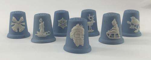 Wedgwood Jasperware Christmas Thimbles - 7 White on Blue Thimbles