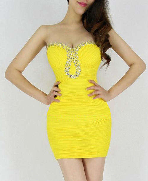 LOVELY YELLOW RHINESTONE DETAIL DRESS