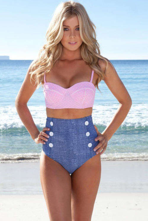 SEXY PINK & DENIM HIGH WAIST BIKINI