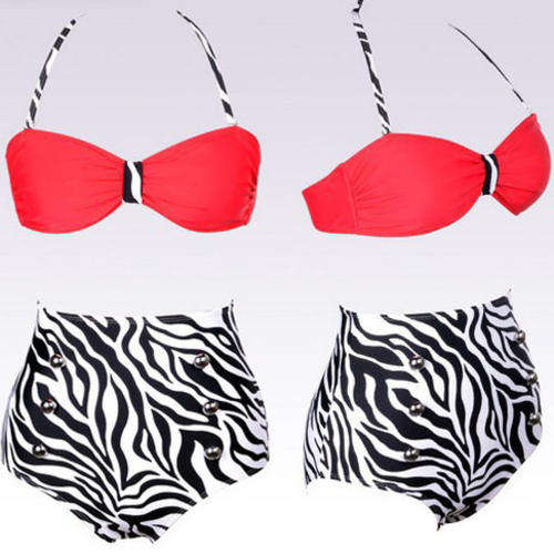 TRENDY RED & ZEBRA PRINT HIGH WAIST BIKINI
