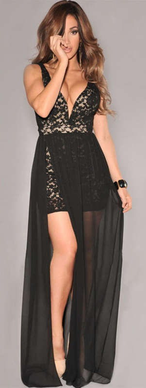BEAUTIFUL BLACK LACE & MESH EVENING DRESS