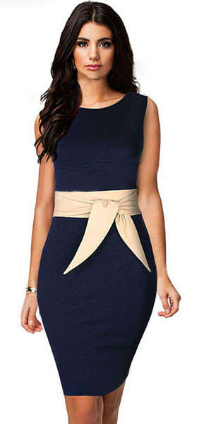 ELEGANT NAVY DRESS WITH CONTRAST BELT