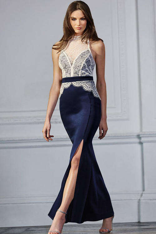 STUNNING CONTRAST LACE DETAIL MAXI EVENING DRESS