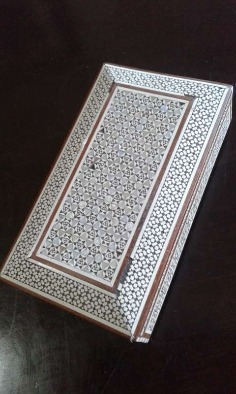 1940's Egyption mosaic wood, bone & shell inlaid box