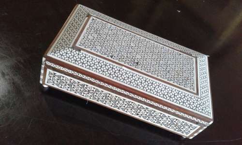 1940's Egyption mosaic wood, bone & shell inlaid box