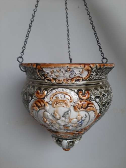 RARE Victorian Majolica Hanging Jardiniere