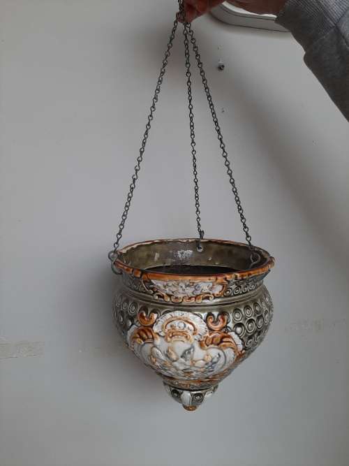RARE Victorian Majolica Hanging Jardiniere