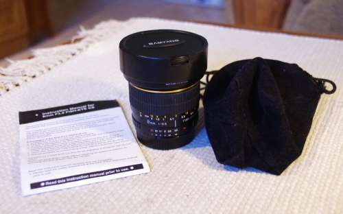Samyang, nikon mount, 8mm fisheye lens, great condition, actual pics of lens, has caps and soft bag.