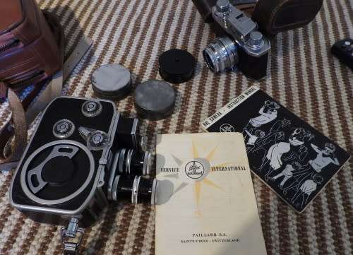 Old Bolex 8mm movie and a small film camera, photos show exact items, sold as pair